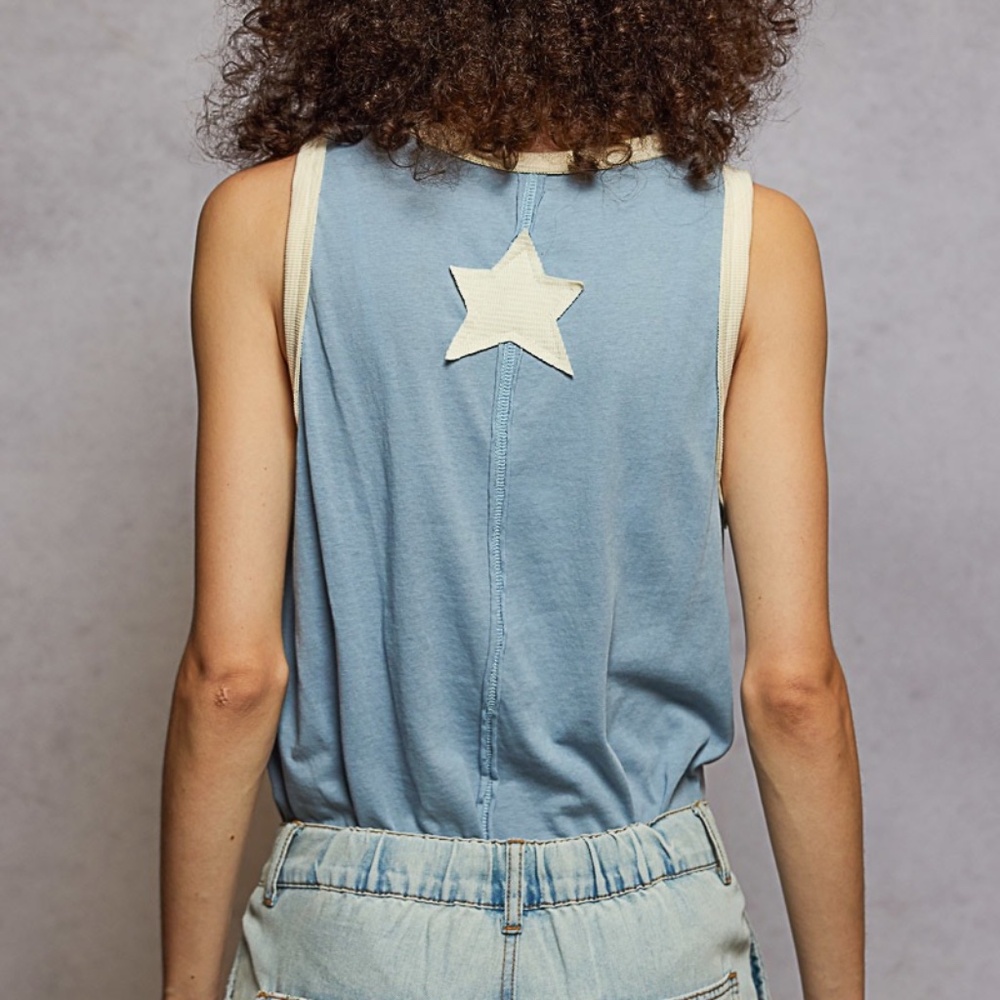 New POL Super Star Tank Top Sleeveless Blue V Neck Slub Shirt Pullover - Picture 4 of 8